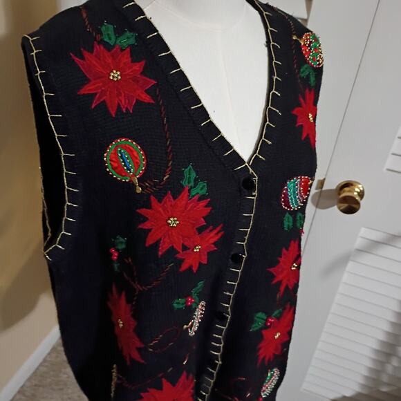 Ugly Christmas Sweater Vest Large Poinsettias Beaded Ornaments Kim Rogers Black - Picture 3 of 15
